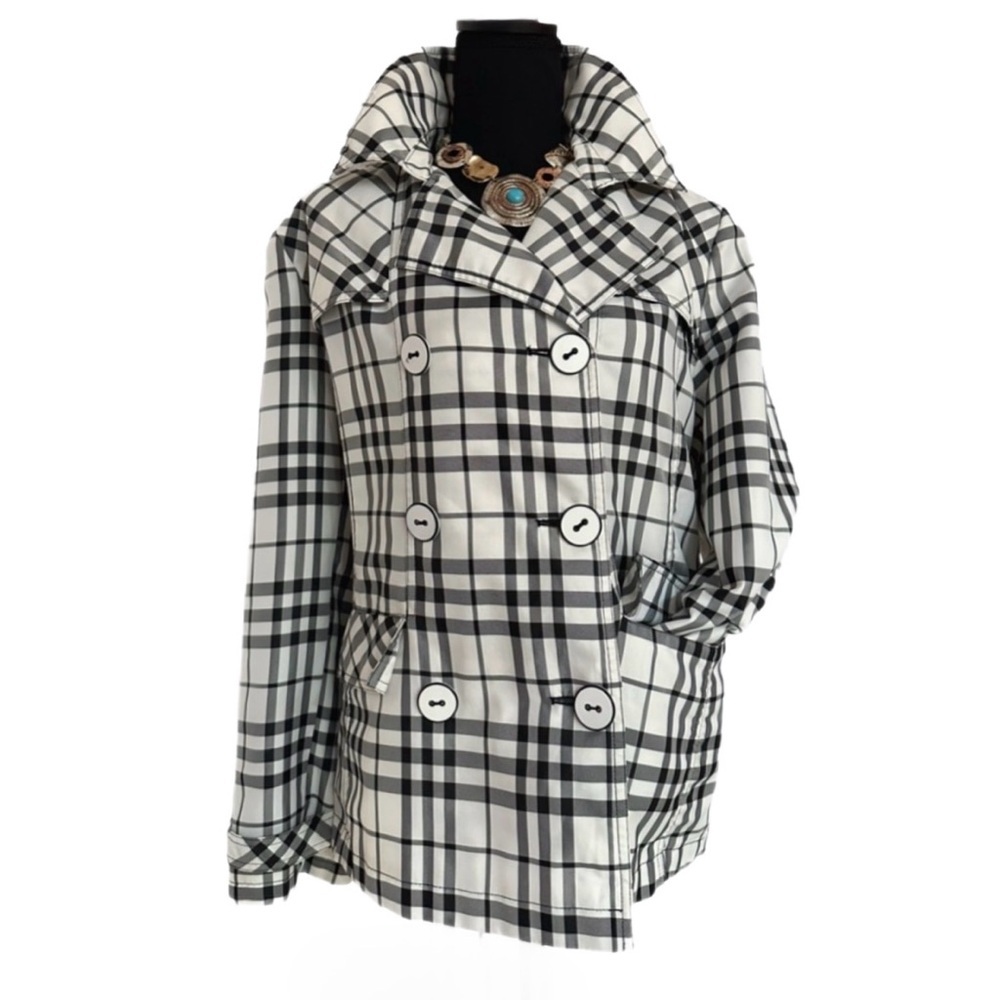 Cato Black White Plaid Belted Trench Coat Double Breasted size L - Picture 8 of 11